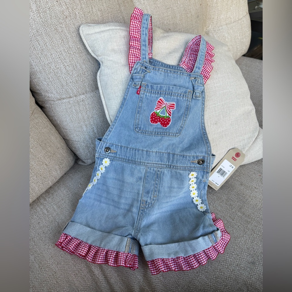 Levi's Customized Blue Overalls with Hand-sewn Red and White Strawberry Details